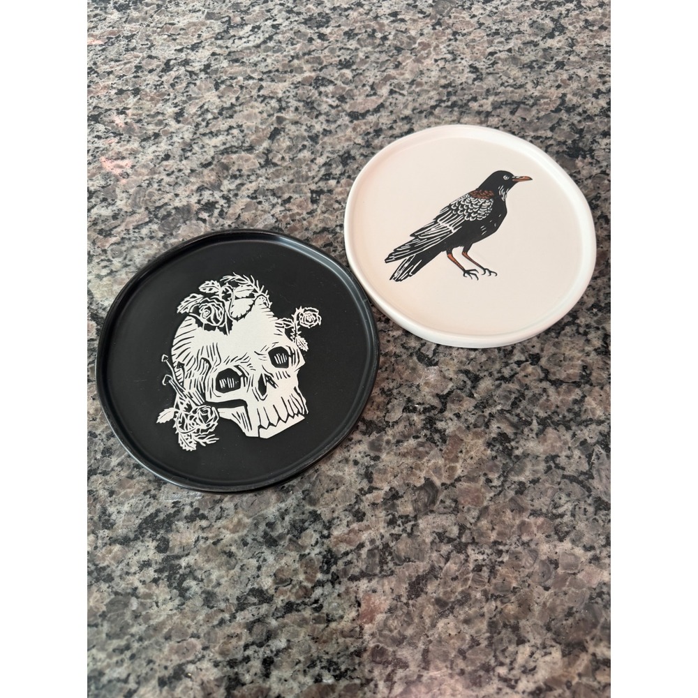 Threshold Stoneware Appetizer Plate Set Skull and Bird Gothic Halloween Decor